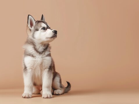 A cute Alaskan Malamute puppy sitting on a solid p  311 dog, husky, animal, pet, siberian, white, puppy, breed, portrait, wolf, canine, fur, malamute, alaskan, cute, isolated, purebred, domestic, anim