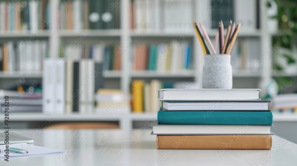 Poster perfectly arranged stationery and office supplies on a neat clutter free desk creating a streamlined