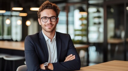 Fototapeta premium Young professional wearing suit and glasses smiles 