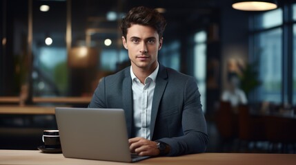 Young professional with sits at a desk with a laptop 