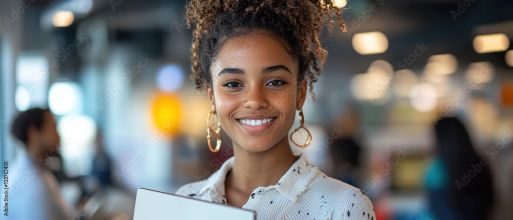 Poster project coordinator, female project coordinator smiles at the camera while holding a mockup notebook
