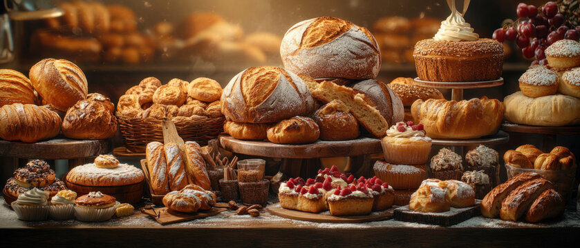 supermarket promotional banner,  Eye-catching supermarket promotional banner highlighting bakery items with images of freshly baked bread, pastries, and cakes. The warm colors evoke