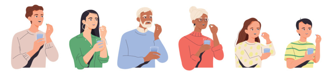 Fototapeta premium Set of people taking pill. Elderly grandparent, adult men and women and young children take medications to treat illnesses. Pharmacy and medicine. Flat vector illustration isolated on white background