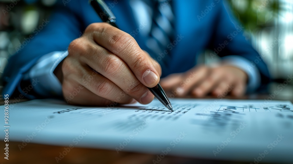 Poster business professional analyzing financial data while writing notes in a modern office setting during