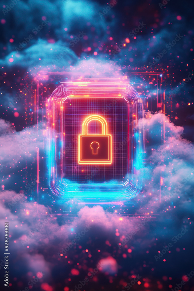 Poster cloud security measure, futuristic hologram of a lockpad icon displayed over a wispy cloud expanse, 