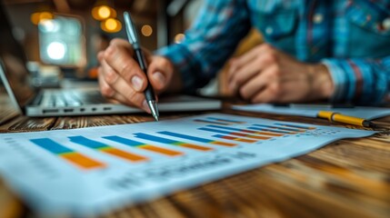 Naklejka premium A person analyzing colorful bar graphs while working on a laptop in a cozy coffee shop