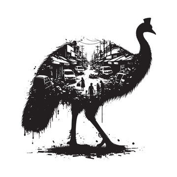 recommend clip art: silhouette of Cassowary filled with ghetto street in rough drawing