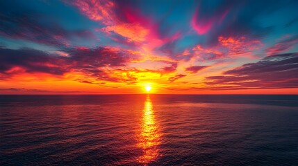 Obraz premium Breathtaking and Serene Sunset Landscape with Vibrant Colors Painting the Sky and Reflecting on the Calm Ocean Surface