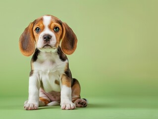 A cute Beagle puppy sitting on a solid pastel lime  175 beagle, dog, pet, animal, puppy, cute, portrait, white, canine, breed, brown, hound, mammal, studio, purebred, domestic, isolated, adorable, sit