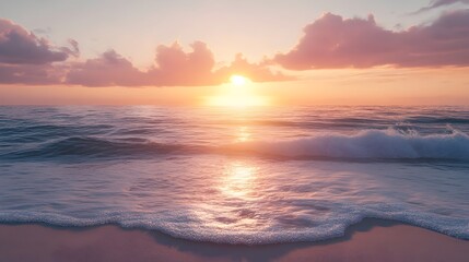 Fototapeta premium Breathtaking sunset over a calm and tranquil ocean shoreline with gentle waves lapping at the shore and a serene atmospheric landscape A gorgeous peaceful scene perfect for travel vacation
