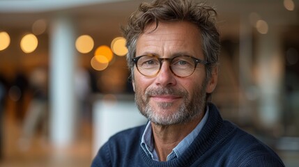Obraz premium Mature man with glasses smiles warmly in a modern indoor setting during daylight
