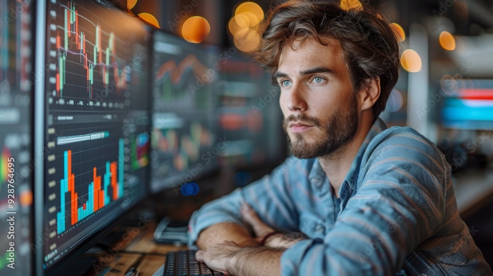 Poster young man analyzes data on multiple screens in a modern workspace during evening hours