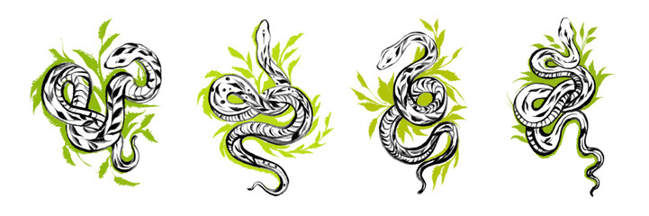 Asian snake collection, brushstroke reptile green tattoo decoration Japanese New Year 2025 symbol. Watercolor vector abstract oriental venomous hand drawing art exotic viper print. Asian snake clipart
