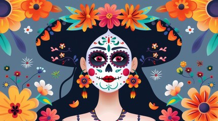 A woman with a flower headdress and a skeleton mask