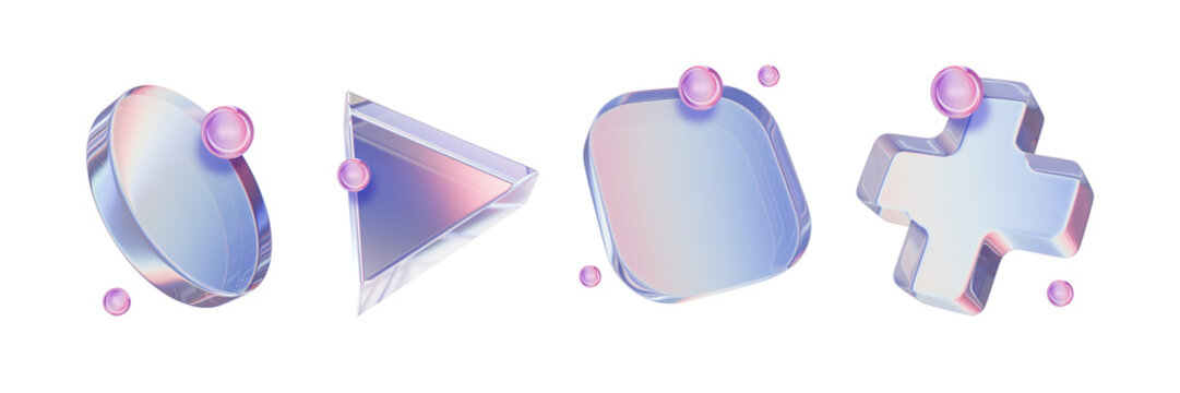 3D glass figure set futuristic transparent game geometric objects cyber sport joystick button symbol. Holographic purple cross, transparent spectrum material texture, square, circle. 3D glass shapes
