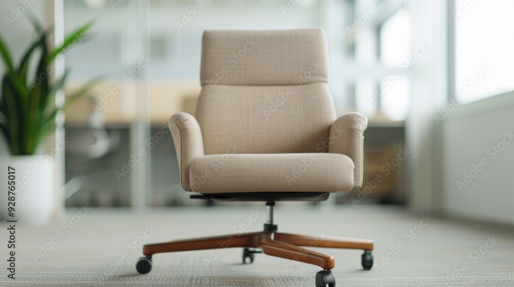 Poster beautifully designed office space with elegant furniture and accessories in a deep depth of field cr