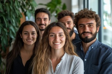 Multiethnic joyful business people looking at camera inside corporate office for a group photo while working together on sustainable innovation project - Goal achievement, Generative AI