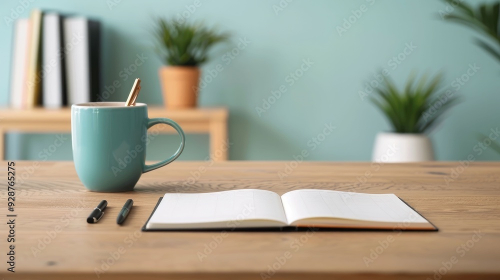 Poster organized workspace with daily planner notebook on a clean and minimalist office desk top view of pr