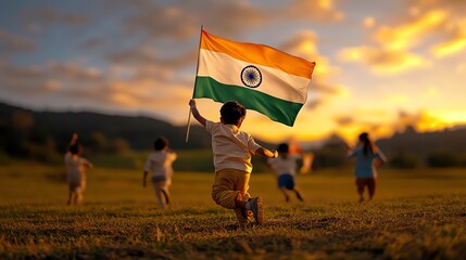 A joyful child runs freely with an Indian flag in a vibrant sunset landscape, celebrating freedom and unity.