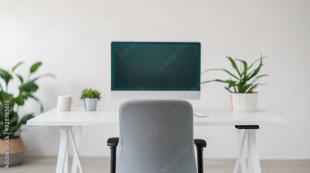 Poster ergonomic and modern workspace with deep depth of field desk setup and comfortable stylish chair for