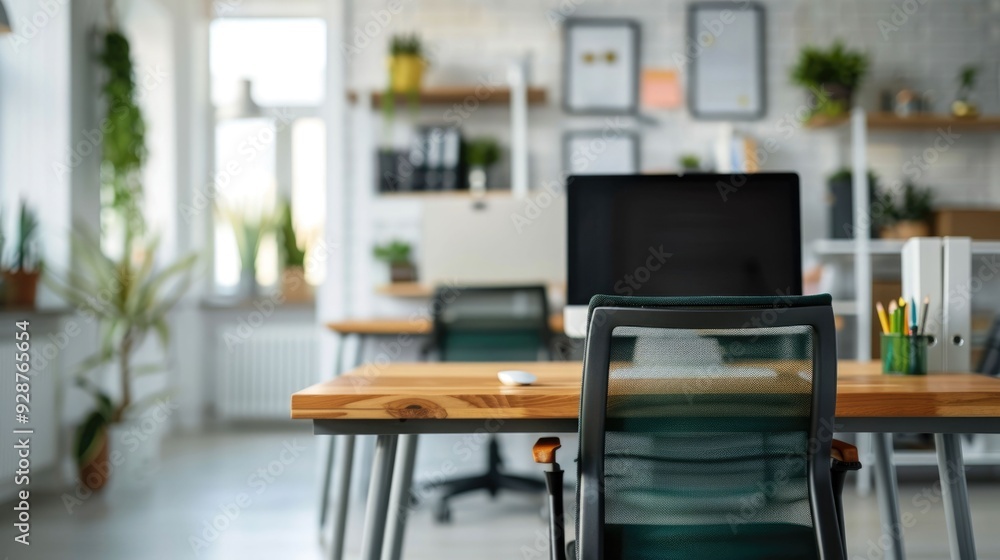 Poster modern minimalist workspace featuring a standing desk and ergonomic chair optimizing productivity an