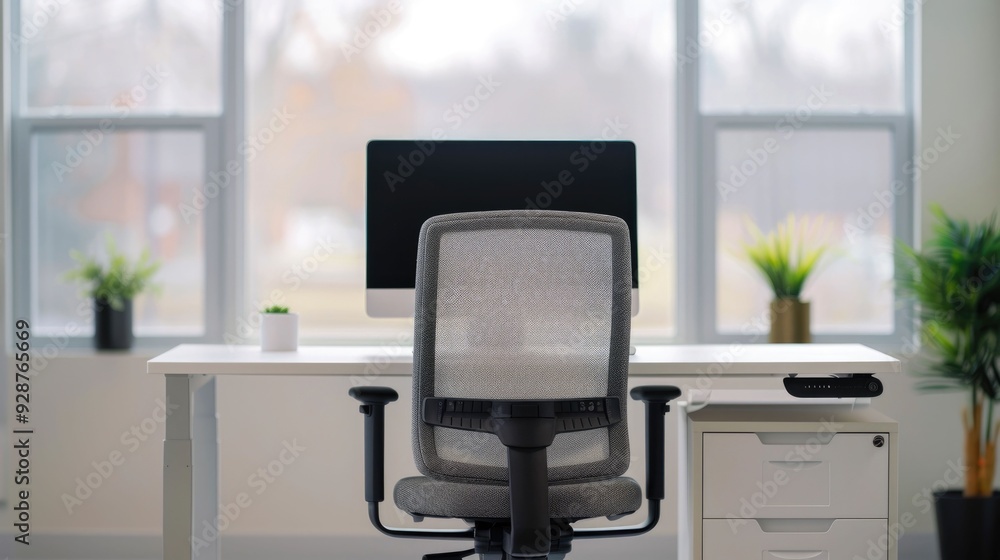 Poster elegant and ergonomic workstation setup with adjustable desk and comfortable chair for increased pro