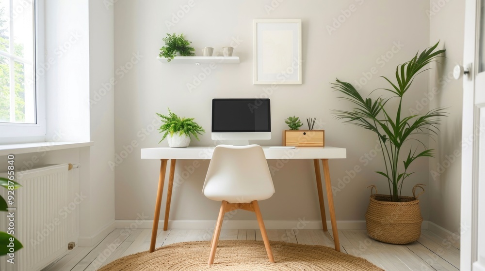 Poster bright and airy home office with lush houseplants modern minimalist desk setup and deep depth of fie