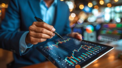 Business professional analyzing financial data on a tablet in a modern office setting during the evening