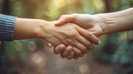 Two people shaking hands in a forest during the daytime