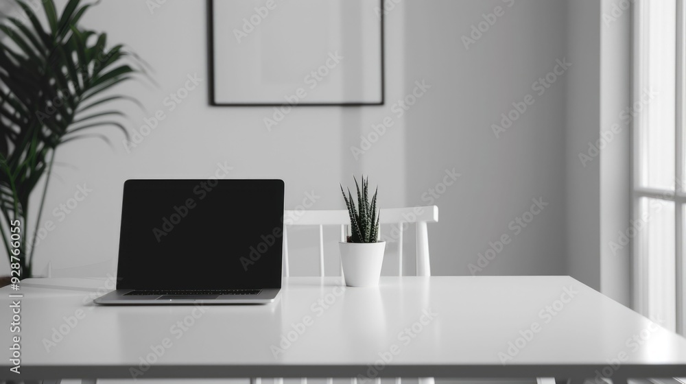 Poster minimalist and organized workspace setup with laptop calendar notebook and other office supplies for