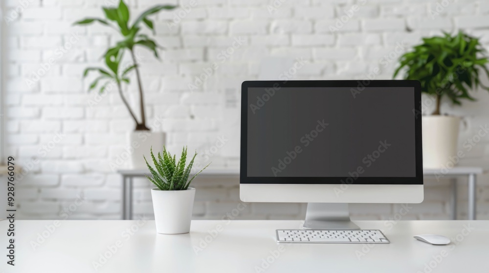 Poster minimalist and organized workspace setup with laptop monitor keyboard and other essential office sup