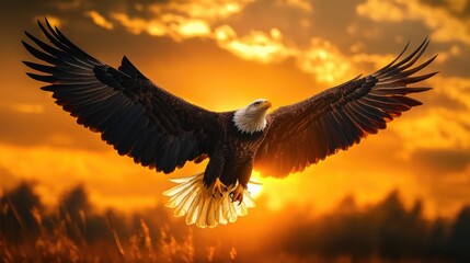 Naklejka premium a bald eagle with outstretched wings against a rising sun for a beautiful view scene