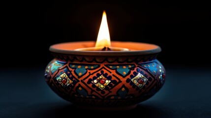 Close-Up of a Colorful Clay Diya Lamp with Bright Flame Against Deep Black Background, Creating a Serene Festive Atmosphere


