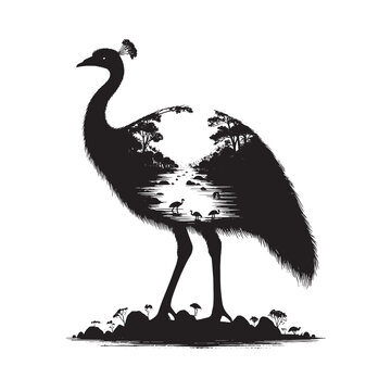 recommend clip art: silhouette of Cassowary filled with river view in rough drawing