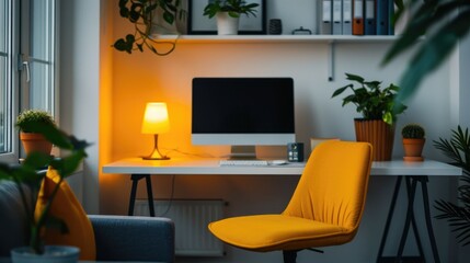 Warm and inviting lighting sets the mood in a cozy and organized home office space with a deep depth of field creating a sense of solitude and focus for the freelance or self employed professional