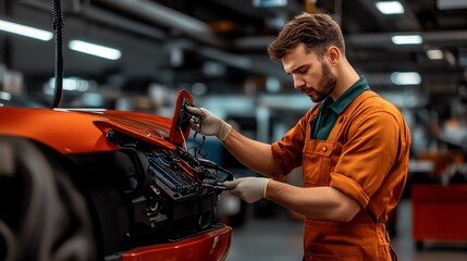 A mechanic working on a car engine, showcasing attention to detail and expertise in automotive repair in a modern workshop.