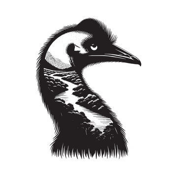 recommend clip art: silhouette of Cassowary filled with river view in rough drawing