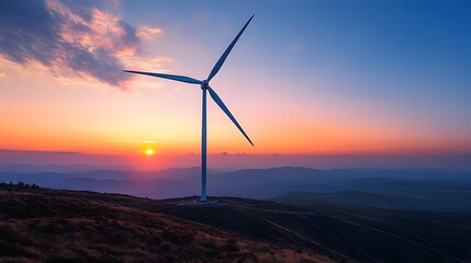 Fototapeta premium Majestic wind turbine elegantly rotating against a breathtaking sunset sky harnessing the power of renewable energy in a serene and captivating natural setting
