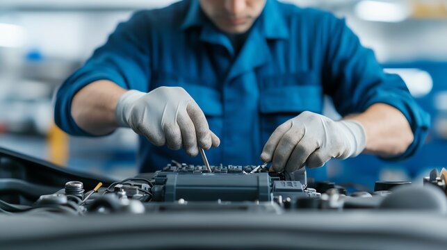 A mechanic works diligently on an engine, showcasing expertise with tools and precision in an automotive workshop.