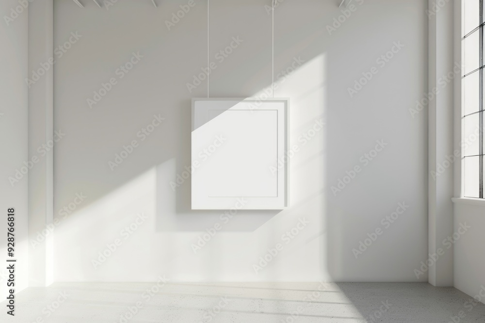 Poster a picture of an empty room with a picture frame suspended from the ceiling