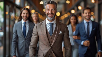 Business professionals walking through a modern office corridor during the day