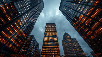 Naklejka premium Dusk skyline view of tall skyscrapers with illuminated windows in a bustling urban area