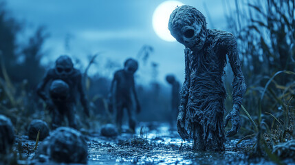 Homemade monster figures in a yard