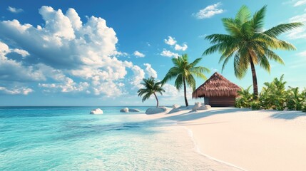 a tropical island with palm trees and a hut for a beautiful view of nature