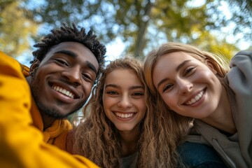 Fototapeta premium Low angle view of a happy group of multiracial friends looking at camera, enjoying outdoors. Multiethnic cheerful young people, Generative AI