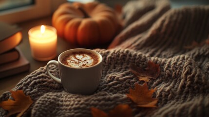 A warm beverage sits on a knitted blanket alongside a pumpkin and glowing candle, surrounded by autumn leaves.