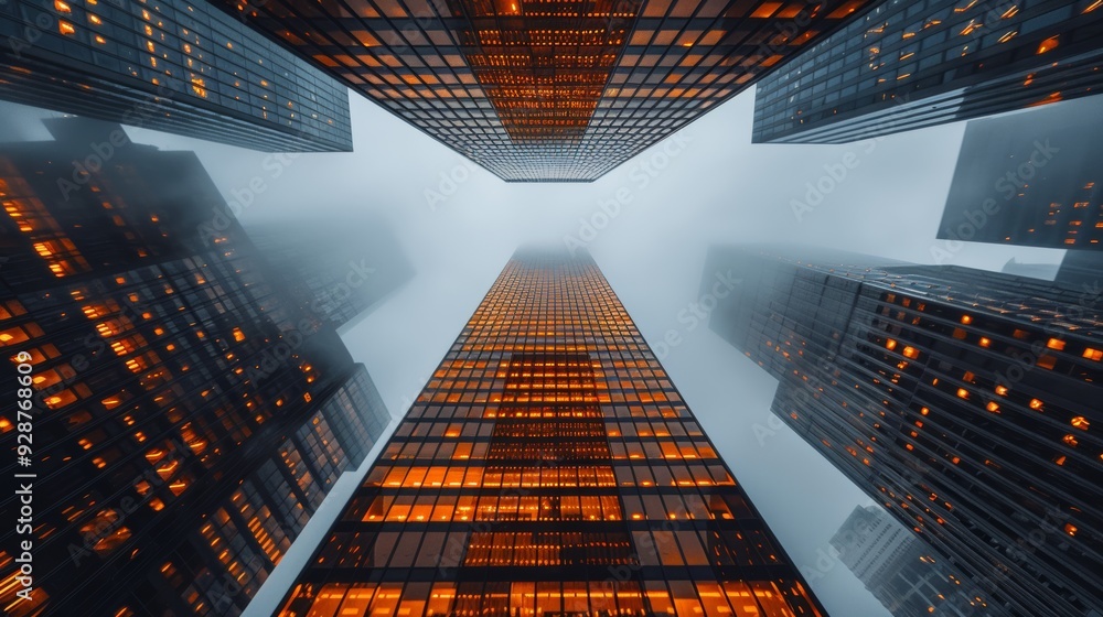 Poster view of skyscrapers with illuminated windows towering under a foggy sky in an urban setting at dusk