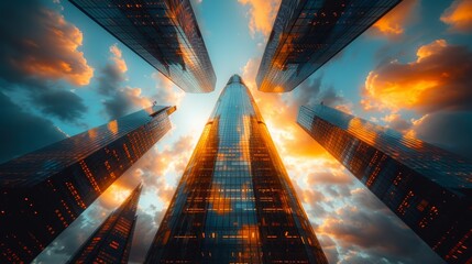 Tall skyscrapers under dramatic sunset clouds in an urban environment