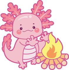 Illustration of cute axolotl activities icon.
Funny pink axolotl in daily routine stickers.