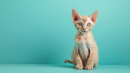 Fototapeta premium A cute Cornish Rex kitten sitting on a solid paste 193 cat, animal, pet, kitten, cute, feline, domestic, fur, portrait, kitty, eyes, pets, tabby, mammal, eye, young, white, face, fluffy, black, natur